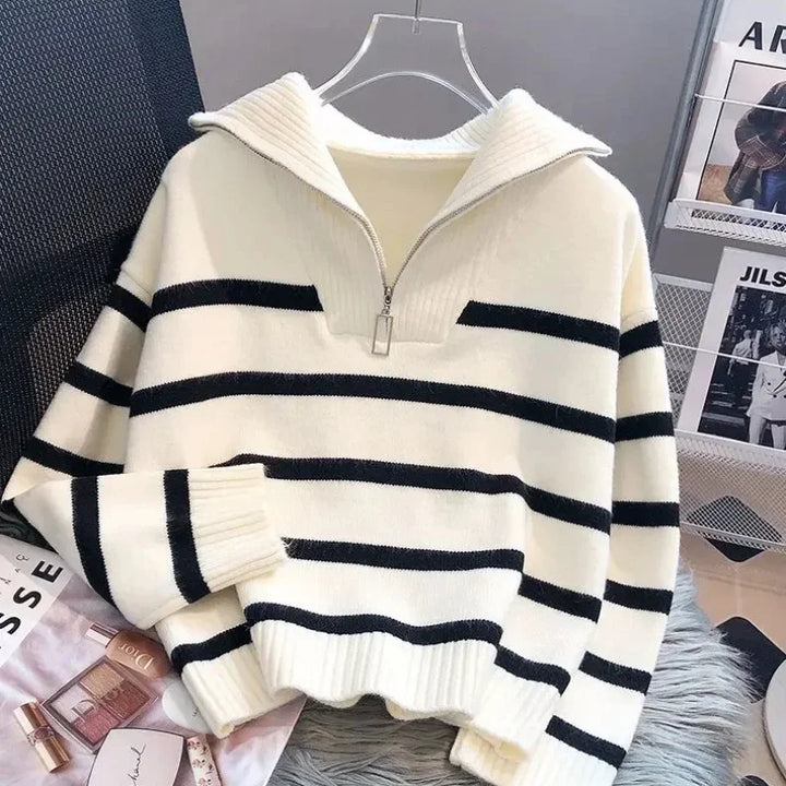Drune | Pullover Mit Reißverschluss - Weiß & Gestreift