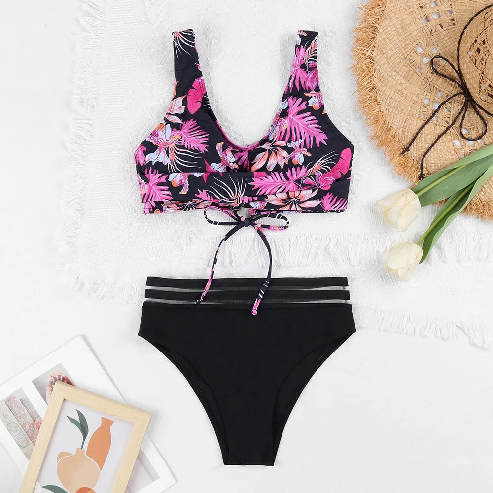 Drune | Schnürung Hohe Taille Bikini Frauen Badebekleidung Frauen Badebekleidung Badeanzug Gepolstert Push-Up Blumen Badeanzug Frauen Bikini Set