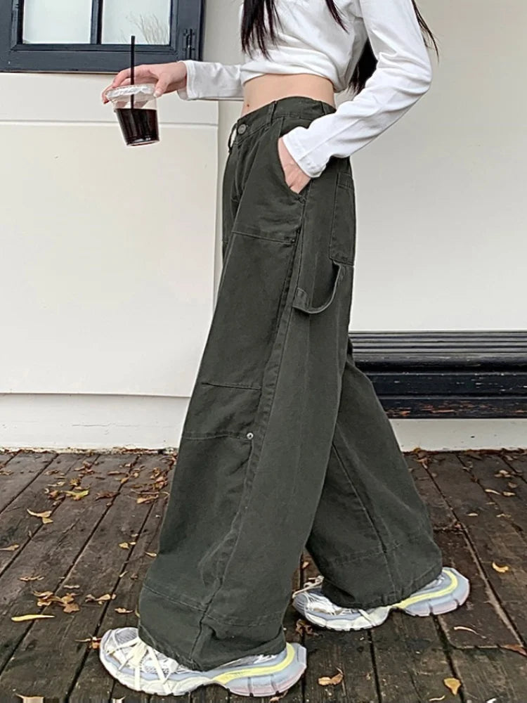 Drune | Y2K Streetwear Vintage Grün Baggy Jeans Cargo-Hosen für Damen Designer Kleidung Weit Beinformte Legere Damenhosen