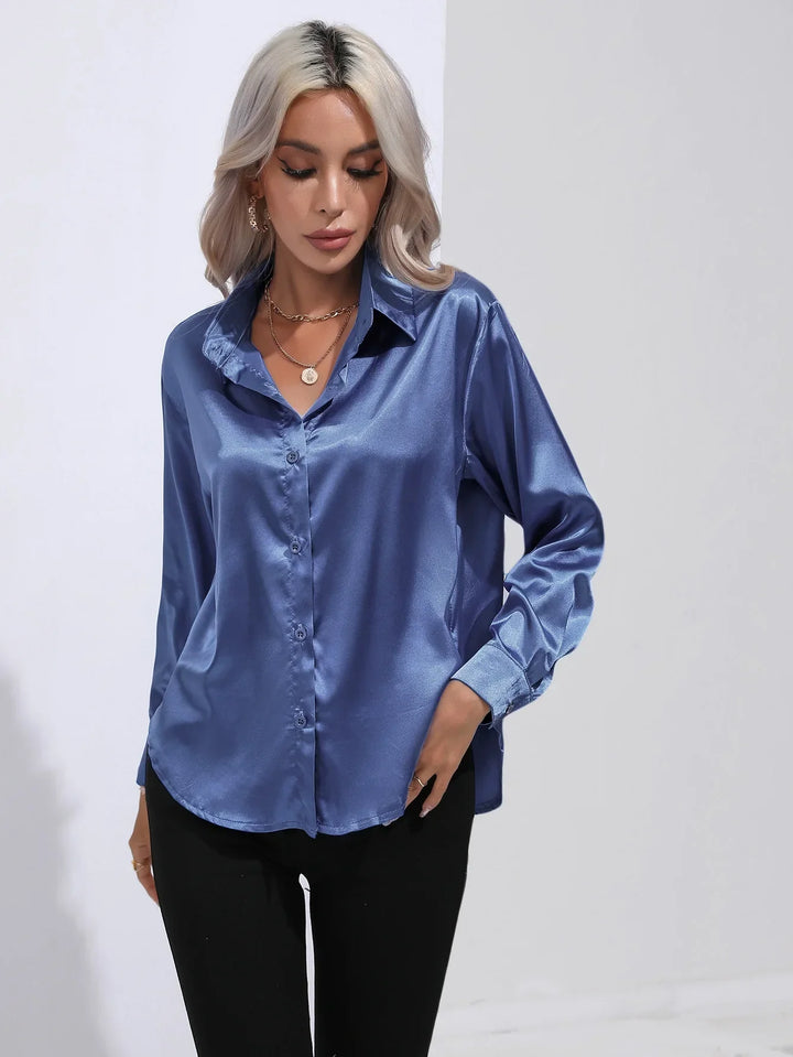 Drune | Elegante Satinbluse Mit V-ausschnitt & Langen Ärmeln