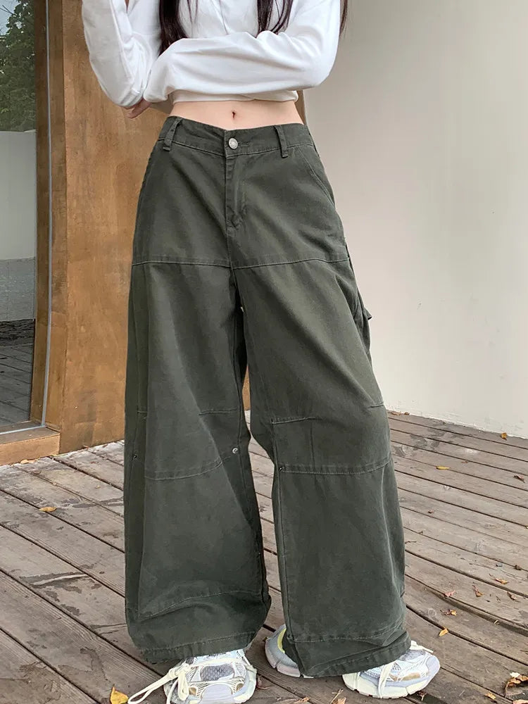 Drune | Y2K Streetwear Vintage Grün Baggy Jeans Cargo-Hosen für Damen Designer Kleidung Weit Beinformte Legere Damenhosen
