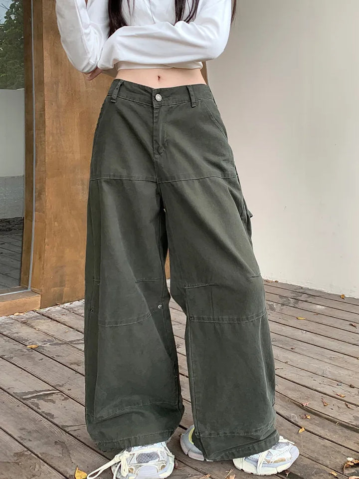 Drune | Y2K Streetwear Vintage Grün Baggy Jeans Cargo-Hosen für Damen Designer Kleidung Weit Beinformte Legere Damenhosen