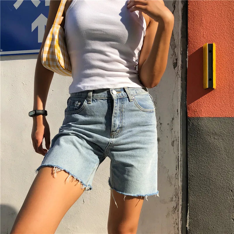 Drune | Frauen Hohe Taille Breite Bein Denim Shorts Mädchen Sommer Mode Streetwear Lässig Einfarbig Weibliche Lockere Stretch Jeans