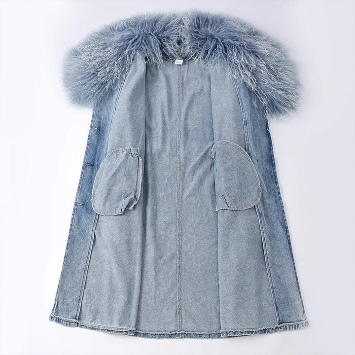Drune | Lange Denimjacke mit Kunstfell Baumwollmix Modern und Elegant
