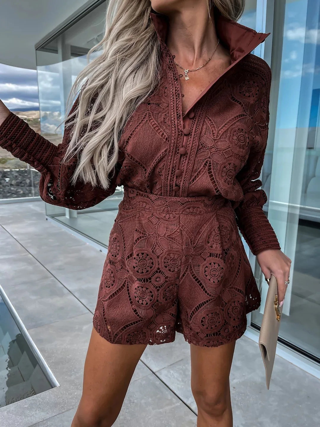 Drune | Foridol Jahrgang Einreiher Weiß Spitze Frauen Shorts Set Frühling Langarm Lässig Fest 2 Stück Outfits Damen Anzug Sommer