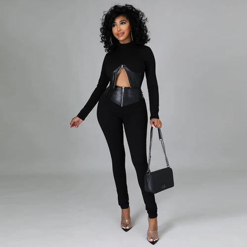 Drune | Zweiteiliges Set mit Kurzem Kunstleder-Korsett und High-Waist-Hose