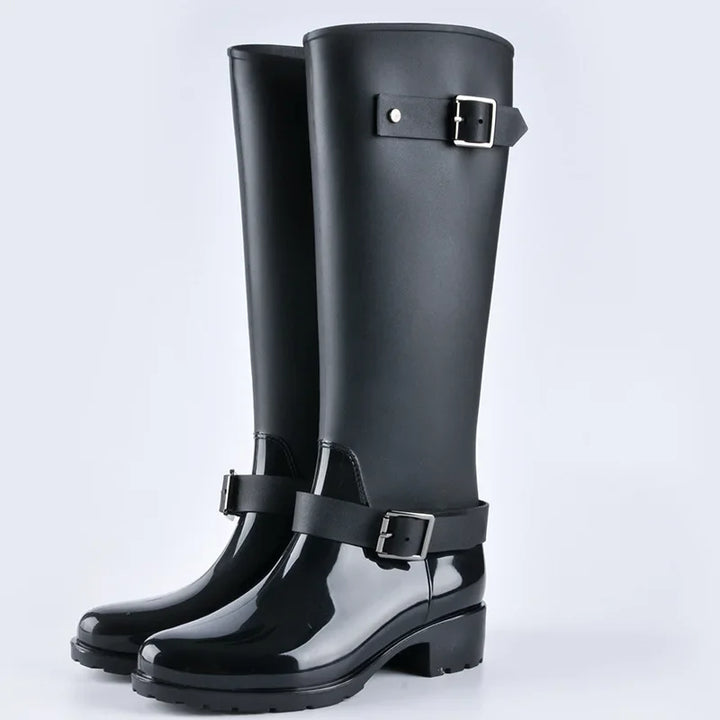 Drune | Damen wasserdichte knielange Gummistiefel mit Schnallen & Blockabsätzen