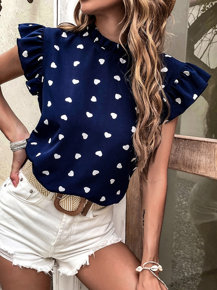 Drune Freizeitbluse | Sommerbluse mit kurzen Ärmeln und Herzdruck