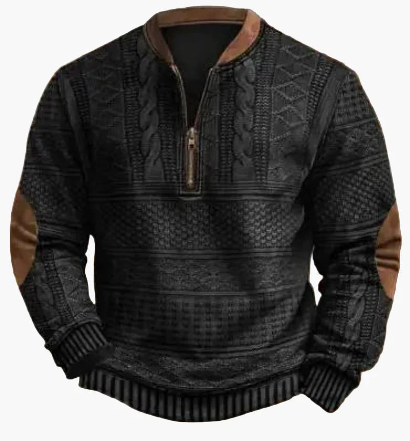 Drune | Halbzipper Pullover - Modischer Strick-Look für Herbst und Winter, Warmes Sweatshirt mit Stehkragen und Ellbogen-Patches, Freizeit & Alltag