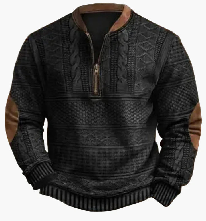 Drune | Halbzipper Pullover - Modischer Strick-Look für Herbst und Winter, Warmes Sweatshirt mit Stehkragen und Ellbogen-Patches, Freizeit & Alltag