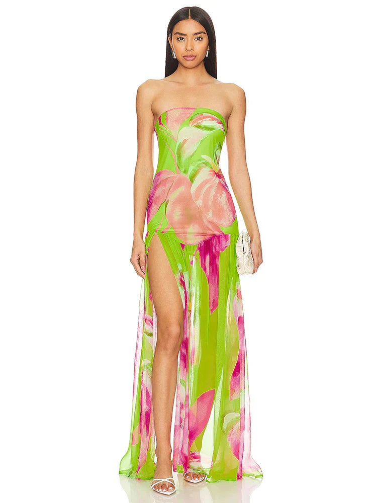 Drune | Neues Sommerdruck Strapless Mesh Patchwork Schlitz Lang Kleid Frauen Sexy Ärmellos Gedruckt Bunt Ferien Maxi Kleid Party
