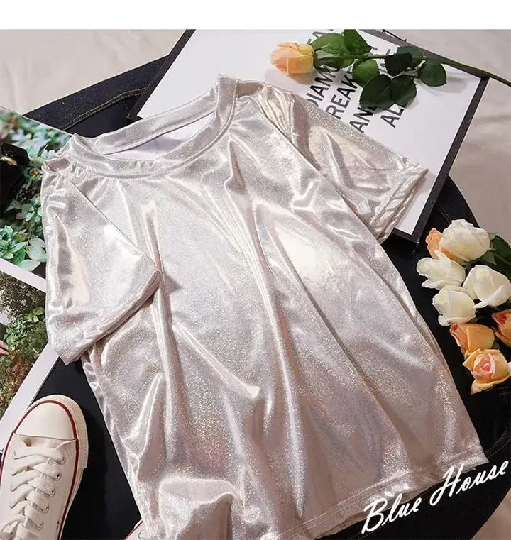 Drune | S 5Xl Damen Funkelnd Shiny Metallisch Holografisch Rundhals Kurzarm Lässig Lose Top Festival Party T-Shirt Damenbekleidung