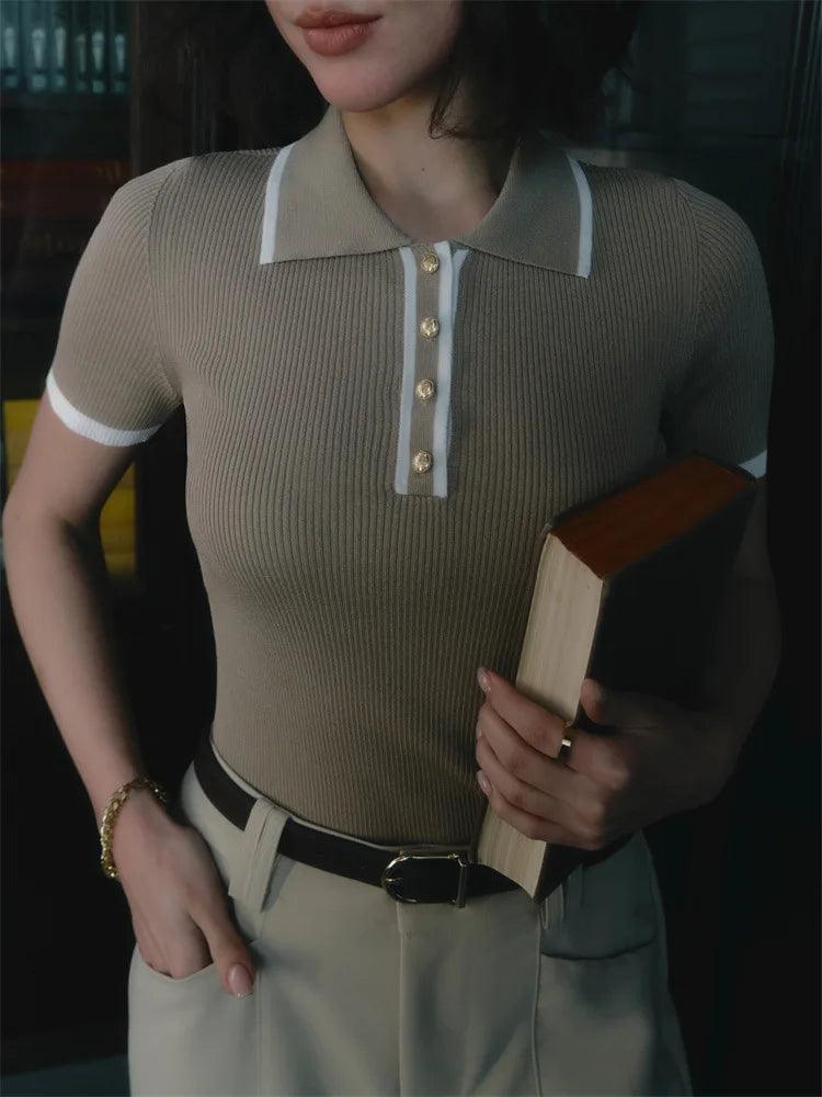 Drune | Strick Poloshirt Gerippter Stretchstoff