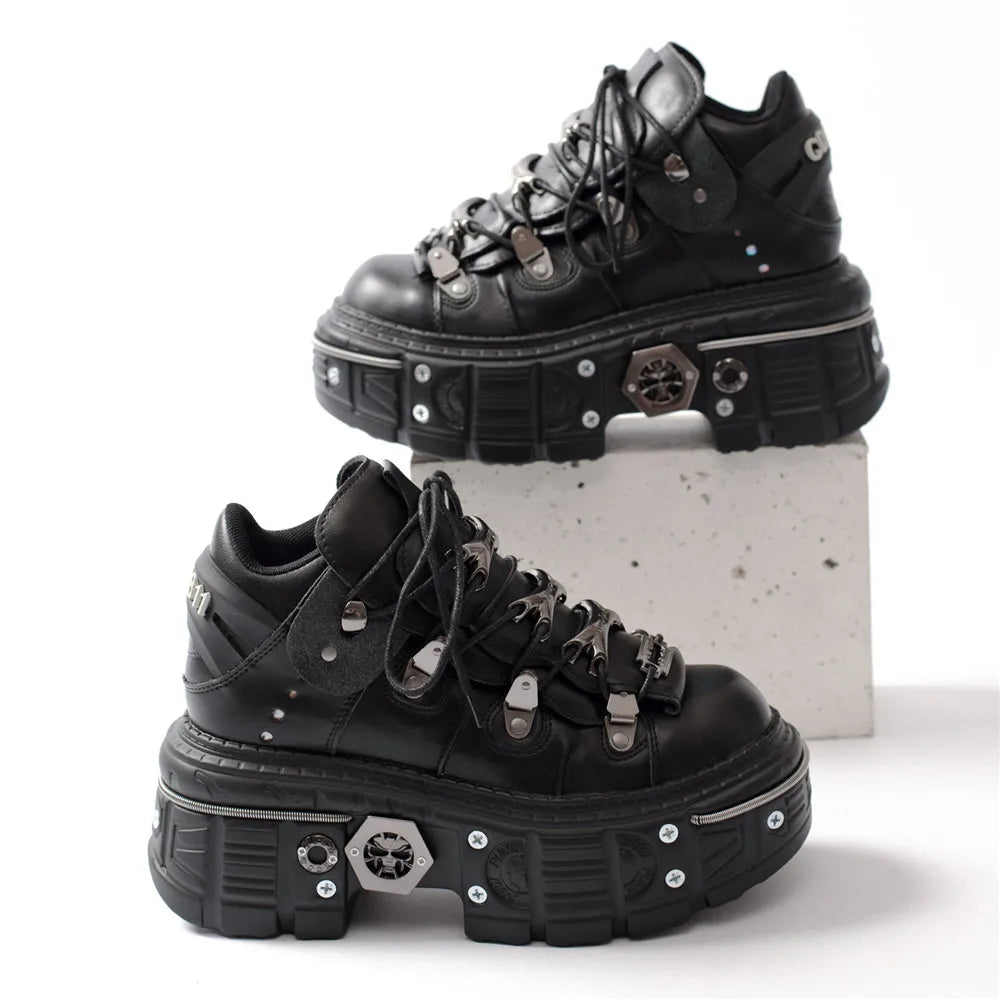 Drune | Frauen Ankle Boots für Frauen Dicke Sohle Schnürsenkel Metall Dekoration Runde Zehen Plattform Schuhe Ladeis Punk Gothic Sneakers