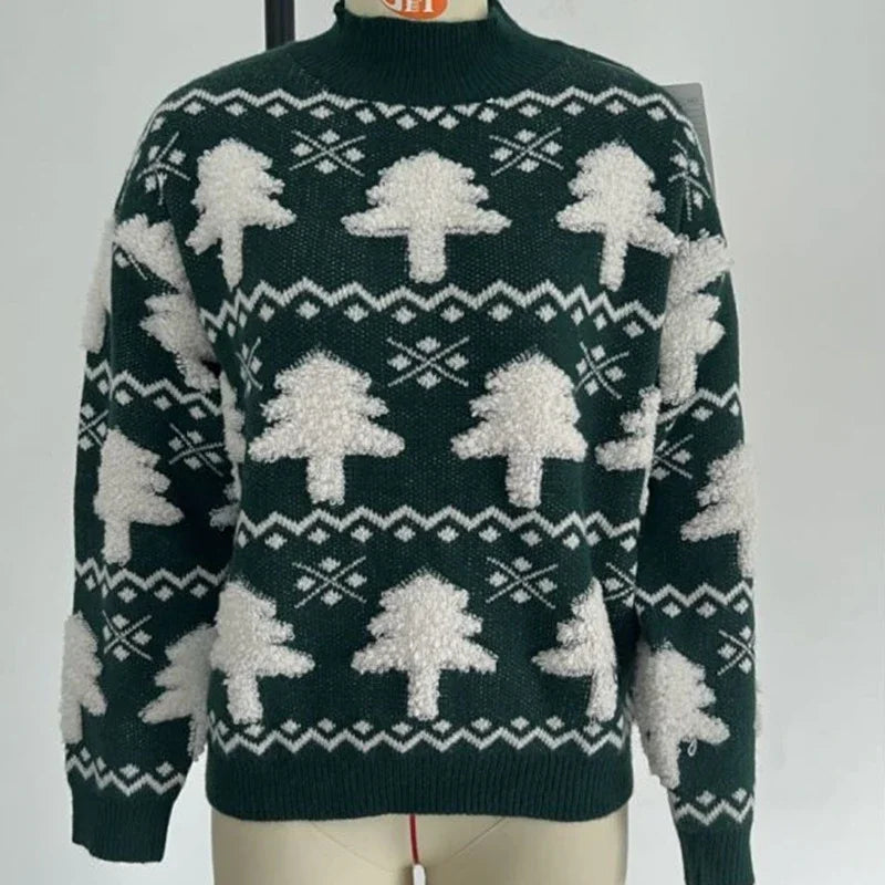Drune - Hässlicher Weihnachtspulli - Gestrickter Pullover mit 3D-Weihnachtsbaum-Print