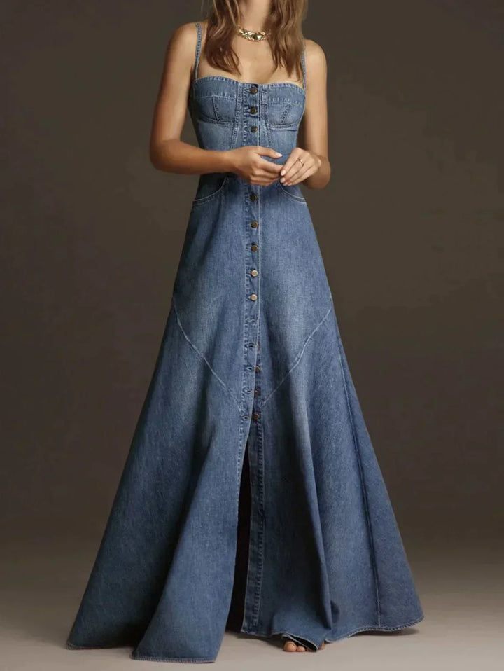 Drune | Vintage Denim Spaghettiträgerkleid mit Quadratischem Kragen