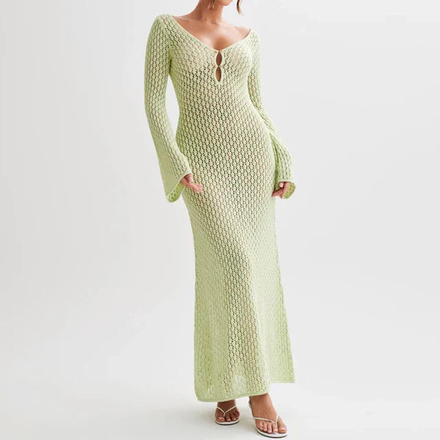 Drune | Maxi Strickkleid Häkeltextur V-ausschnitt Lange Ärmel Fließender Boho Stil