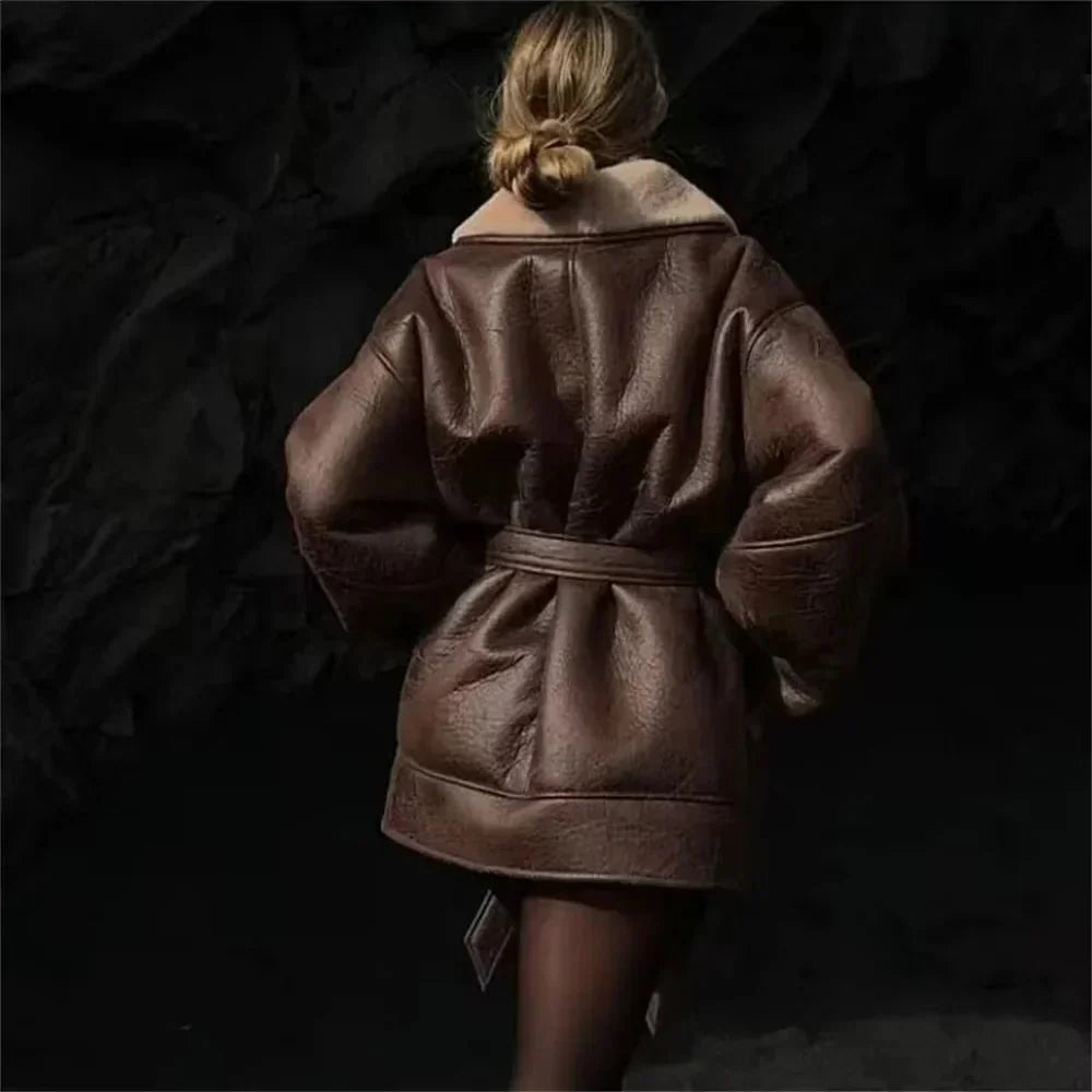 Drune | Leder Gürtelmantel - Schaffellkragen - Oversized Passform