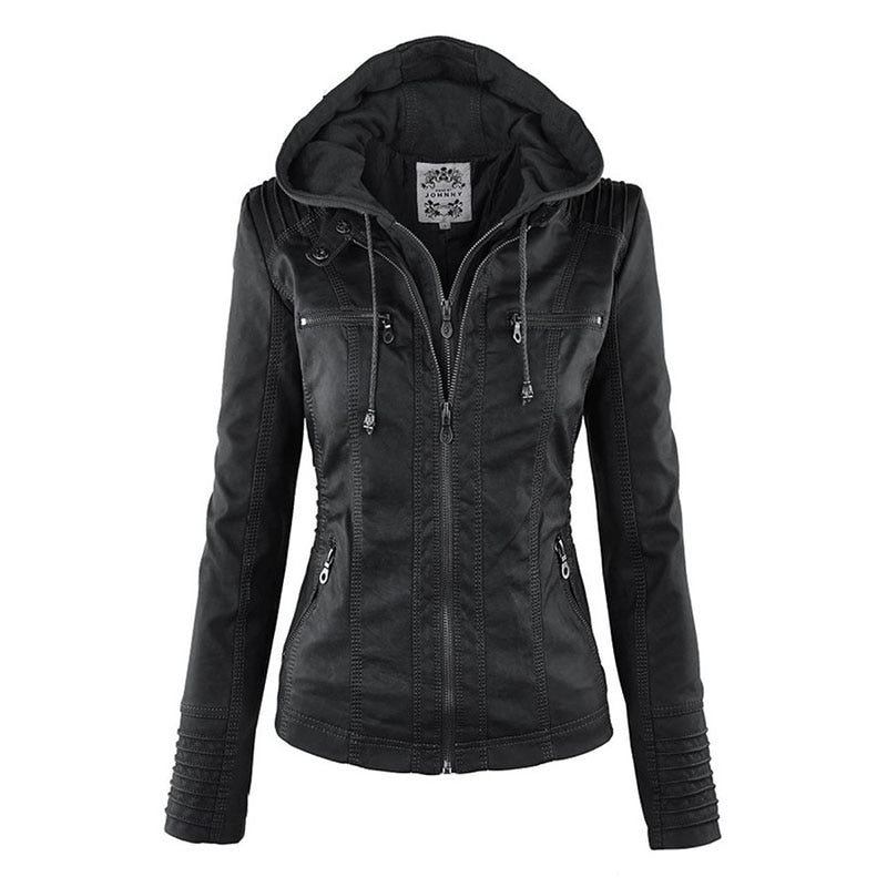 Drune Lederimitat Mantel | Damen Kapuzenjacke: Basic PU-Jacke