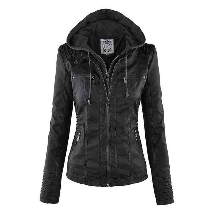 Drune Lederimitat Mantel | Damen Kapuzenjacke: Basic PU-Jacke