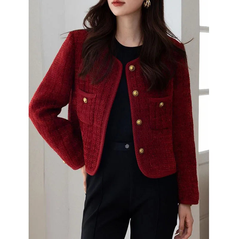 Drune | Tweed Textur Boxy Fit Rundhals Knopfverschluss Kurzes Modell