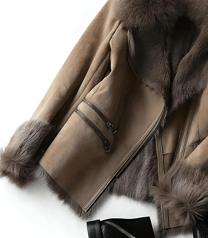 Drune | Faux Fur Kragenjacke - Wildlederfinish - Eleganter Winterstil - Warme isolierte Schicht