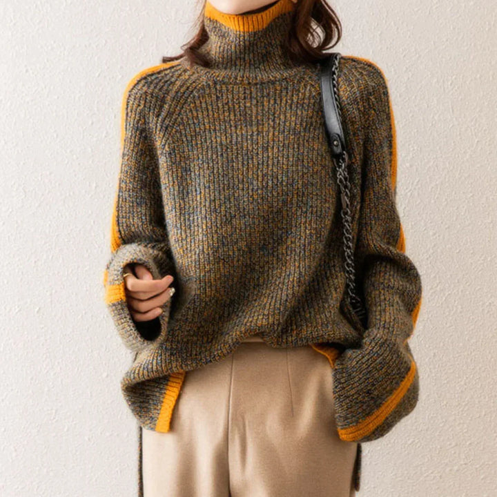 Drune Sweater | Eleganter, übergroßer Rollkragenpullover mit orangefarbenem Streifen für Damen