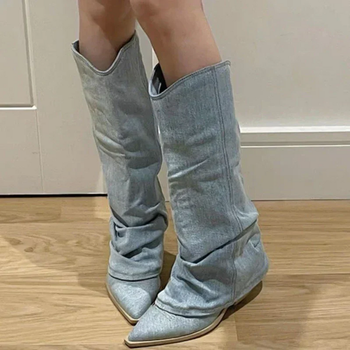 Drune | denim-kniestiefel mit trendigem look für damen