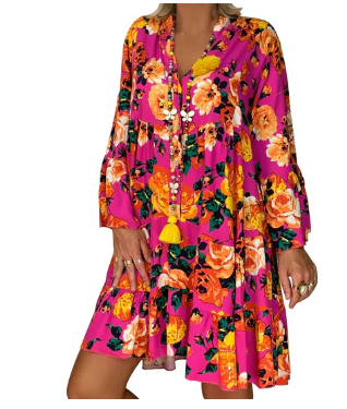 Drune | Floral Print Boho Kleid mit Kurzen Ärmeln