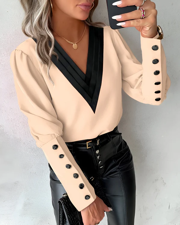 Drune | Elegante V-Ausschnitt-Bluse mit Farbblöcken für Mühelosen Stil