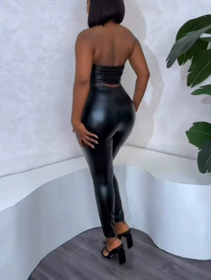 Drune | PU-Leder Strapless Crop und Hosen Satzs Übergröße