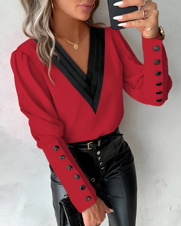 Drune | Elegante V-Ausschnitt-Bluse mit Farbblöcken für Mühelosen Stil