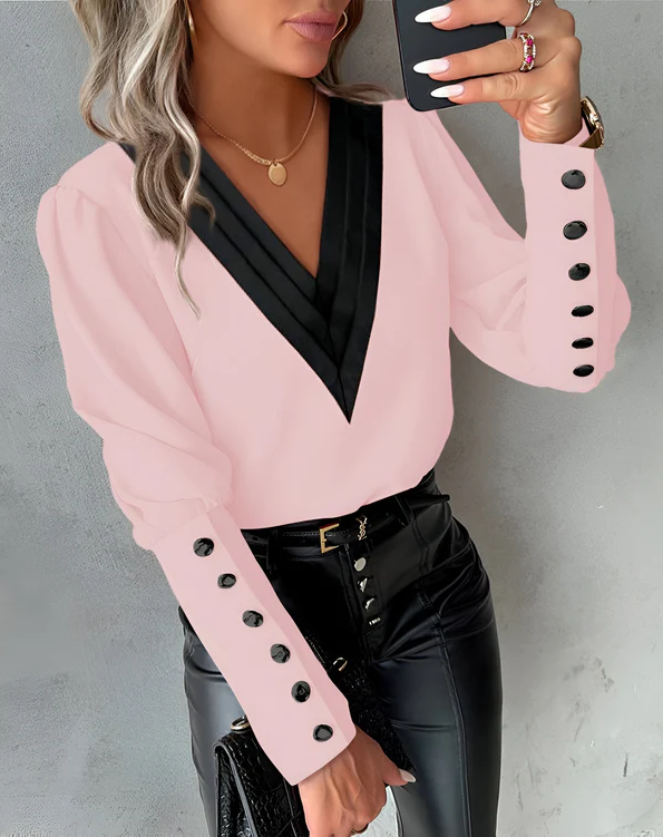 Drune | Elegante V-Ausschnitt-Bluse mit Farbblöcken für Mühelosen Stil