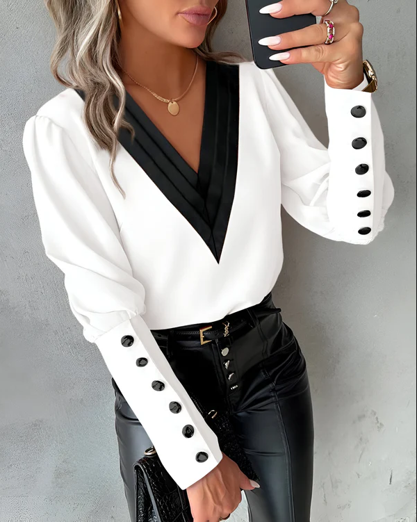 Drune | Elegante V-Ausschnitt-Bluse mit Farbblöcken für Mühelosen Stil