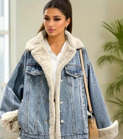 Drune | Damen Jeansjacke mit Teddyfutter – Gefütterte Übergangsjacke im Streetstyle-Look