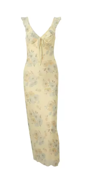 Damen Maxikleid mit zartem Blumenmuster und femininem Rüschendesign Drune