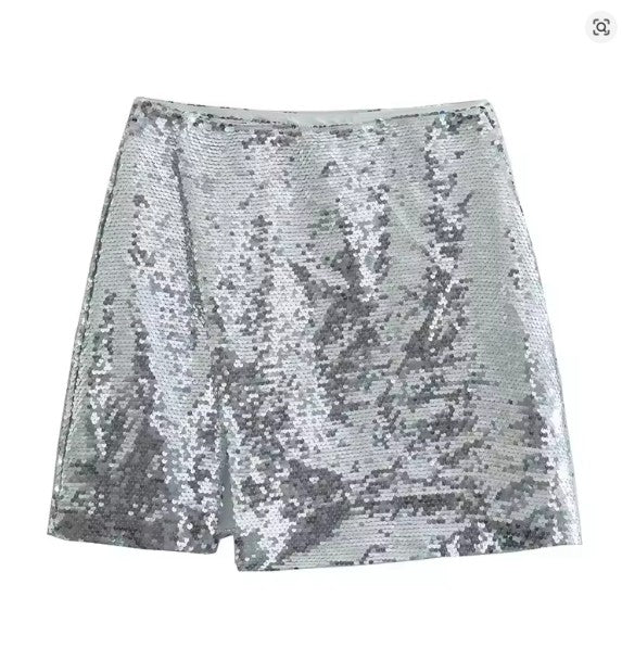 Drune | Pailletten Shorts Hohe Taille Oring Reißverschluss Front Bodycon