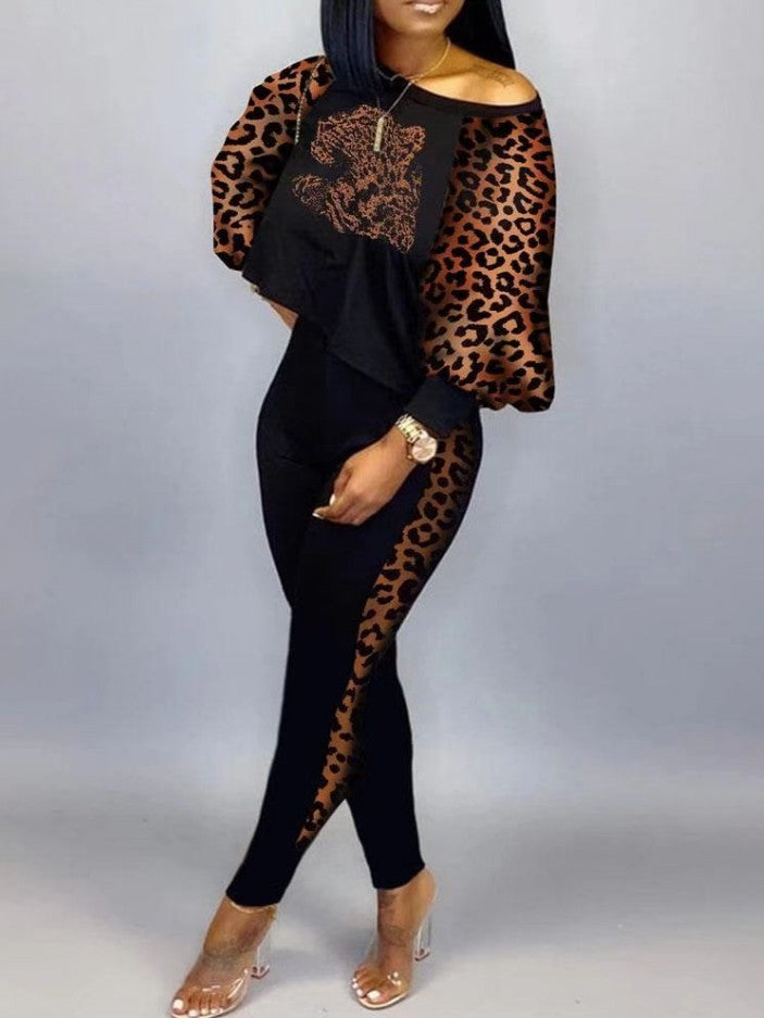 Damen Athleisure Set mit modischen Leopardenärmel und Slim Fit Drune