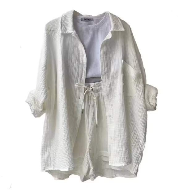 Drune | Damen Einfarbiges Reverskragen Hemd & Shorts Zweiteiliges Set