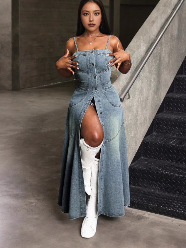 Drune | Vintage Denim Spaghettiträgerkleid mit Quadratischem Kragen
