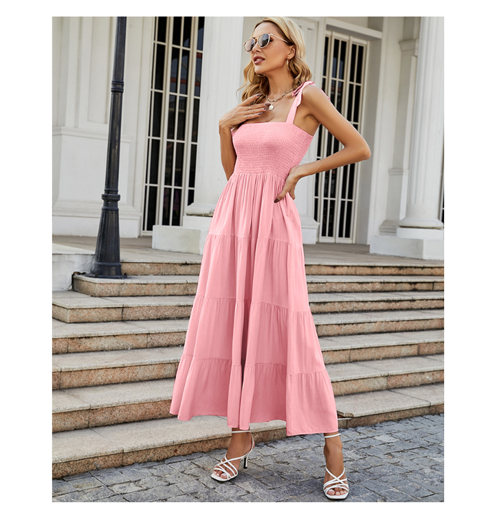Damen Bodenlanges Rüschen-Maxikleid mit schulterfreiem Schnitt und fließendem Material Drune