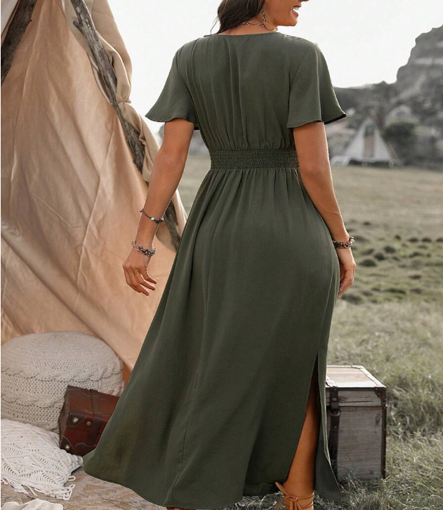 Damen Elegantes Maxikleid mit Wickeloptik und Puffärmeln Drune