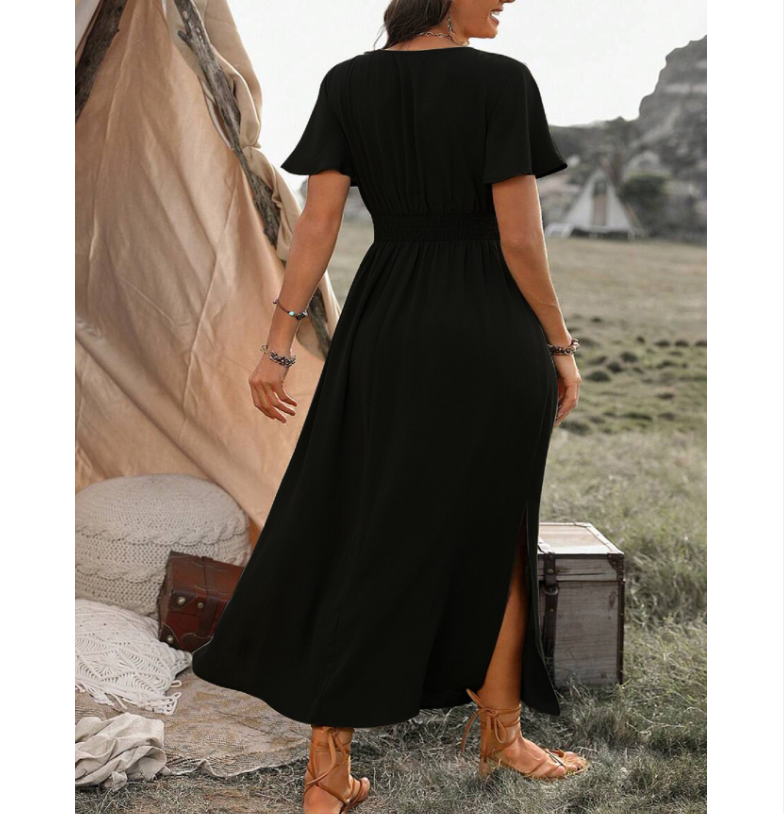 Damen Elegantes Maxikleid mit Wickeloptik und Puffärmeln Drune
