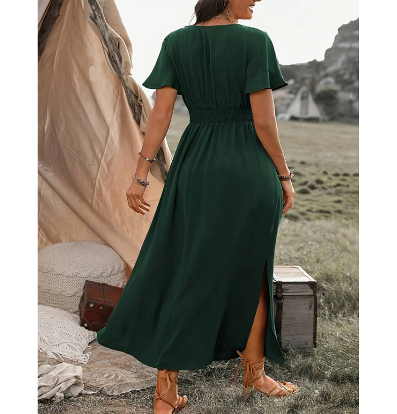 Damen Elegantes Maxikleid mit Wickeloptik und Puffärmeln Drune