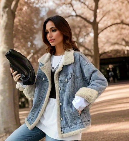 Drune | Damen Jeansjacke mit Teddyfutter – Gefütterte Übergangsjacke im Streetstyle-Look
