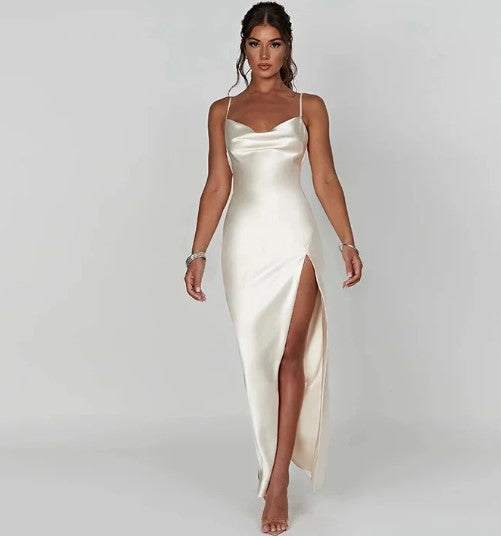 Drune | Weißes Satin-Maxikleid mit Spaghettiträgern