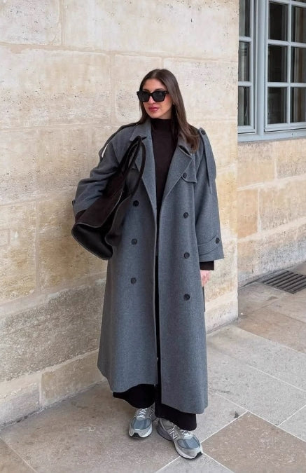 Drune | Damen Langer Mantel – Oversized Schnitt – Wollmischung – Doppelt Knopfverschluss Gürteldesign