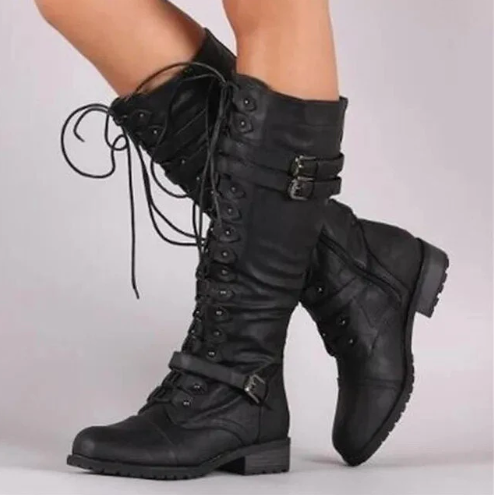 Drune | retro-stiefel mit flacher schnalle und schnürung