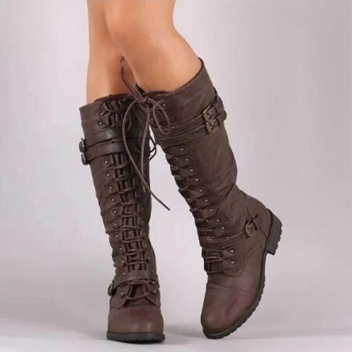 Drune | retro-stiefel mit flacher schnalle und schnürung