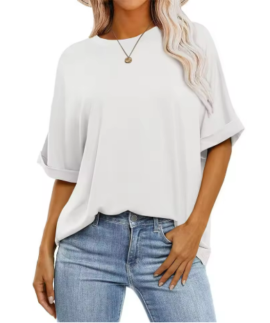 Damen lässiges Oversize-T-Shirt aus strukturierter Baumwolle mit umschlägigen Ärmeln Drune